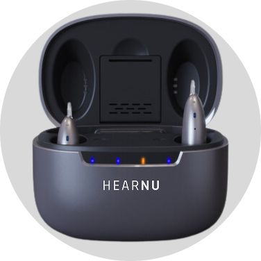 A gray charging case with small silver hearnu's reciever in canal hearing aids inside.