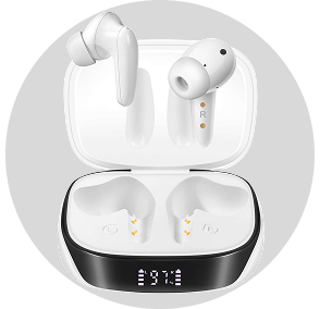 A white wireless earbuds case as a in the ear hearnu hearing aid with a black bottom display.